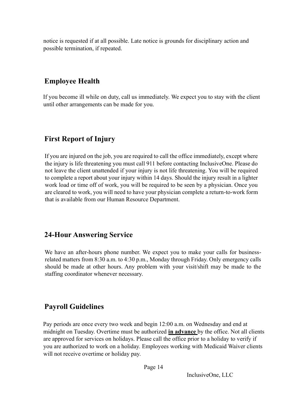 InclusiveOne Employee Handbook page 15